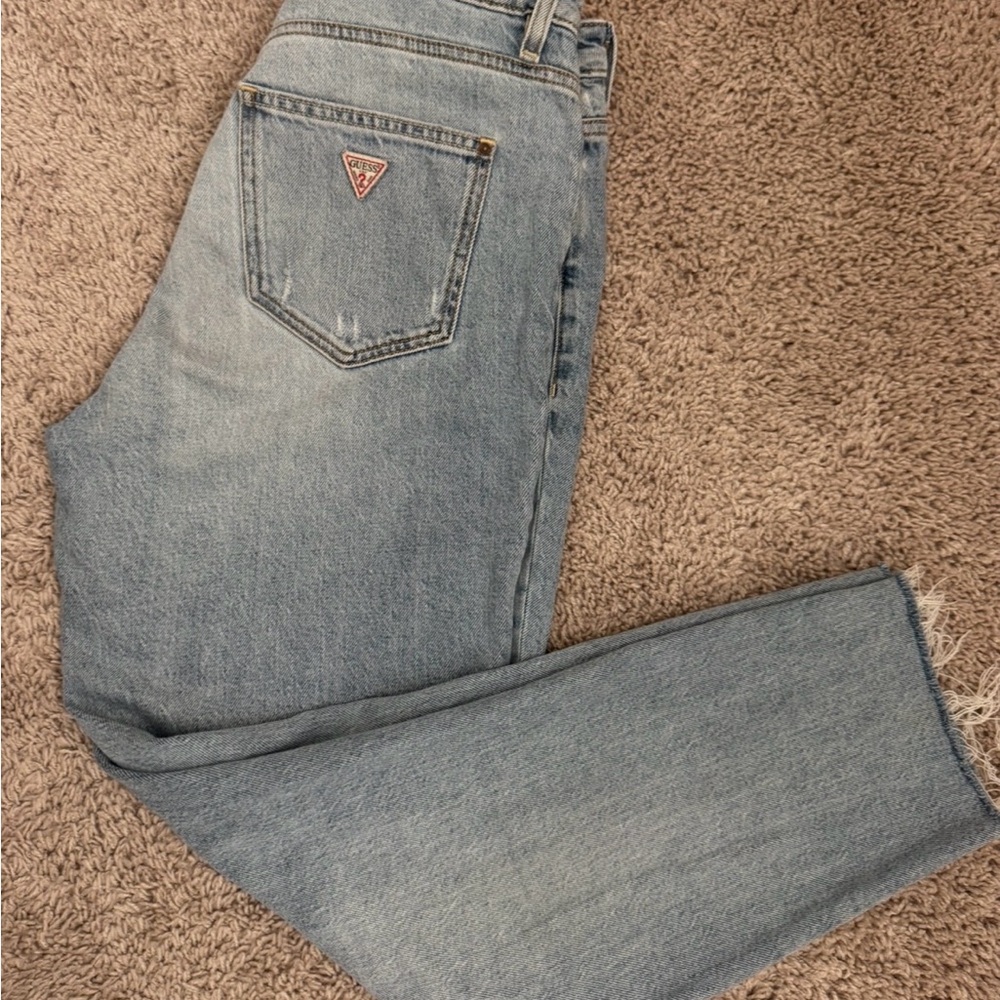 Guess Men's Light Blue Straight Jeans with Signature Back Pocket Patch